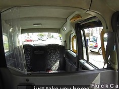 Busty blonde sucks big cock in London fake cab